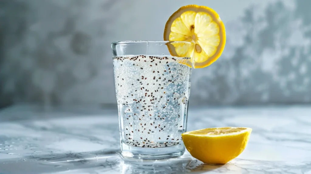 chia seed water recipe in clear glass with lemon for weight loss