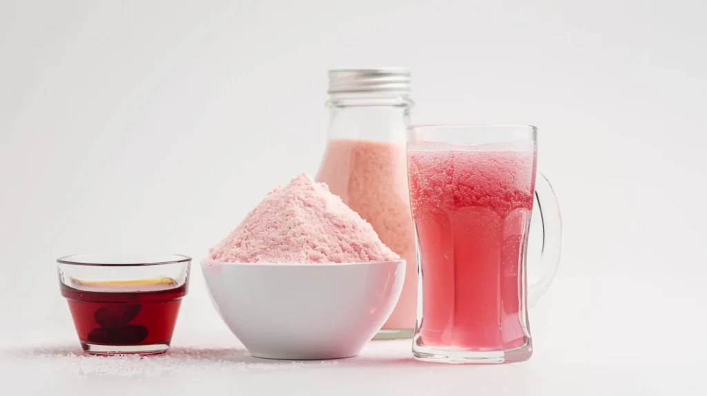 dr oz pink gelatin recipe showing 3 ingredients and finished pink weight loss drink