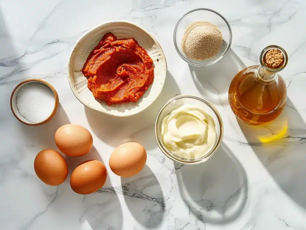 Gochujang-Eggs-Five-Ingredients-Layout Five ingredients for gochujang eggs recipe including eggs gochujang paste mayonnaise sesame oil and brown sugar arranged on white surface