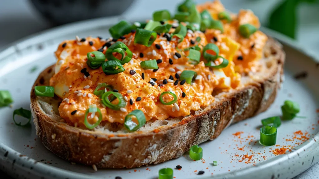Gochujang eggs creamy spicy Korean breakfast served on toasted sourdough bread with sesame seeds and green onions