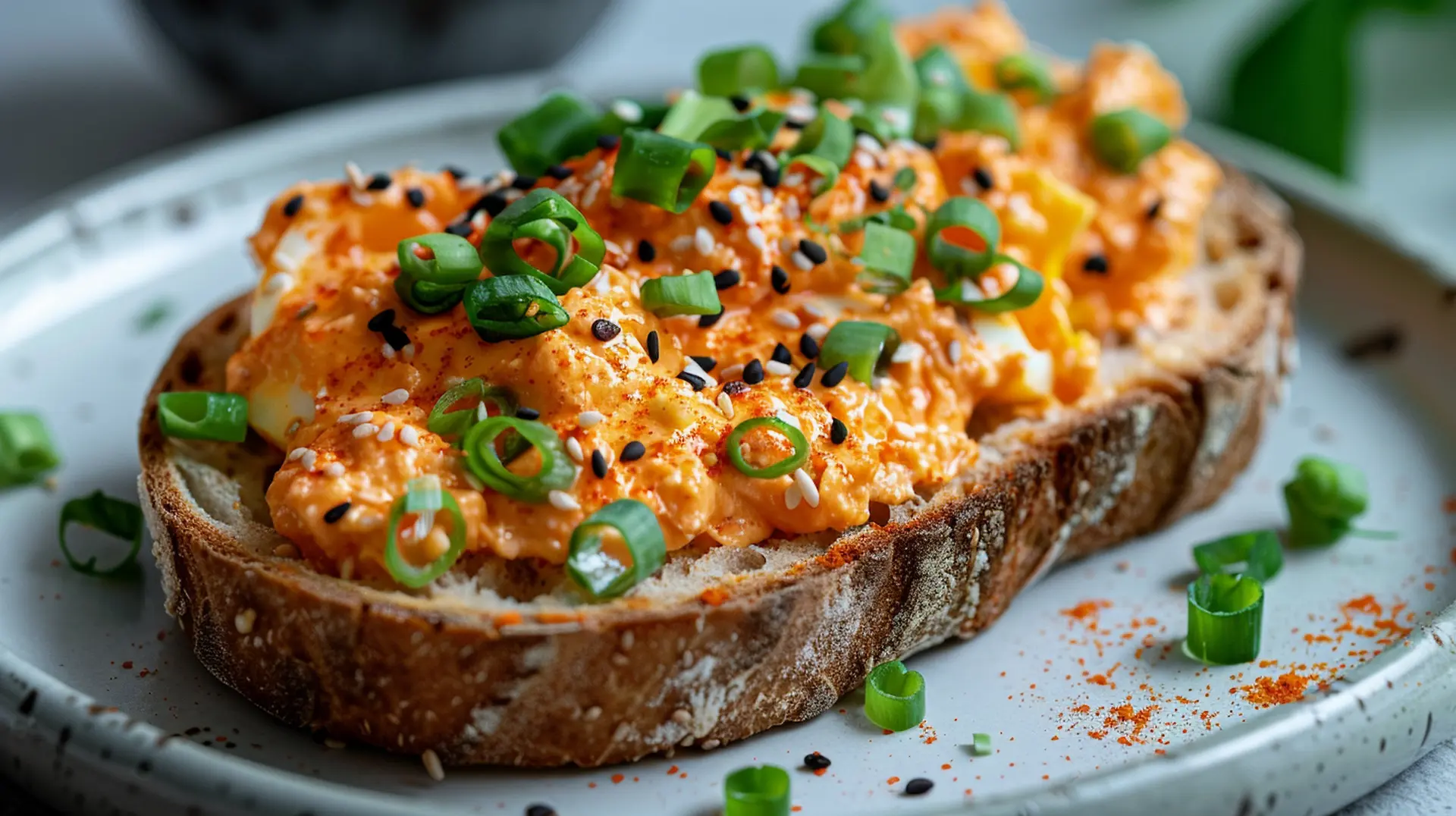 Gochujang eggs creamy spicy Korean breakfast served on toasted sourdough bread with sesame seeds and green onions