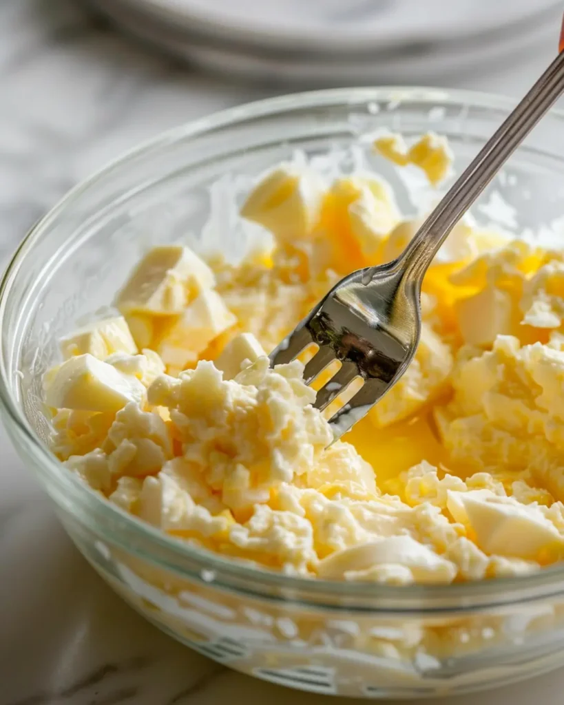 Gochujang-Eggs-Mashed-Boiled-Eggs-Fork Mashed boiled eggs for gochujang eggs recipe in glass bowl with fork showing chunky texture