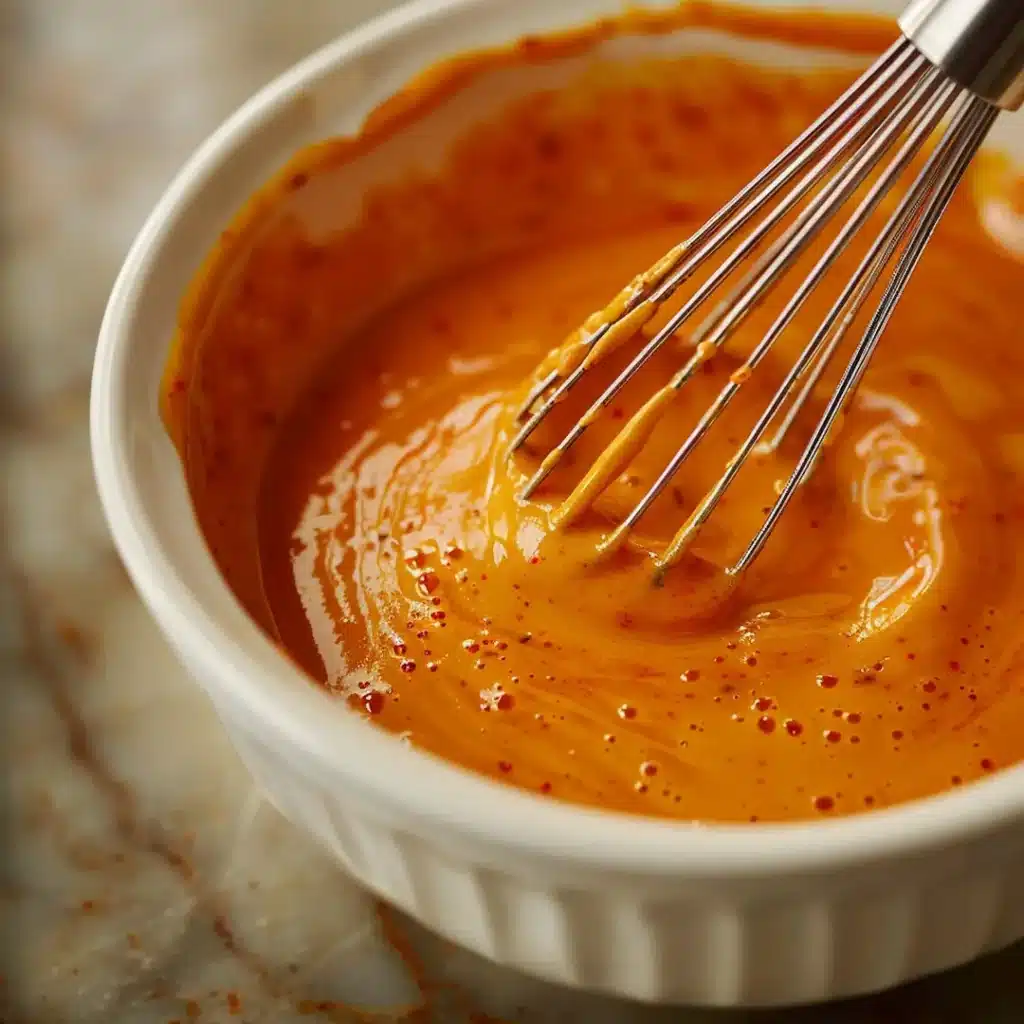 Gochujang-Eggs-Mayo-Sauce-Mixing-Bowl Gochujang eggs mayo sauce being mixed in white bowl showing creamy orange-red color with whisk