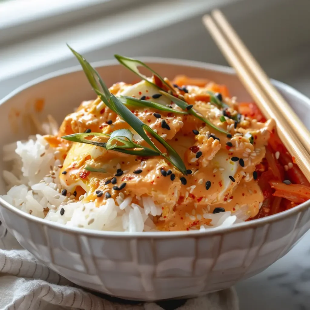 Gochujang-Eggs-Rice-Bowl-Kimchi-Korean-Breakfast Gochujang eggs rice bowl with kimchi and sesame seeds Korean breakfast in white bowl