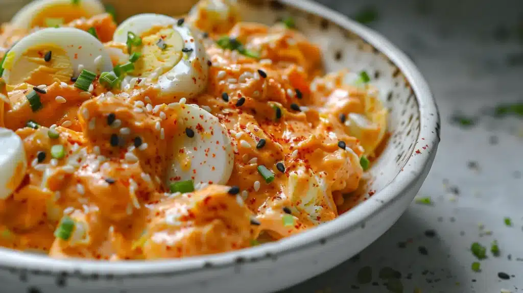 Gochujang-Eggs-Salad-Final-Mix-Orange-Red Finished gochujang eggs salad in bowl showing creamy orange-red texture with chunks of egg coated in spicy mayo