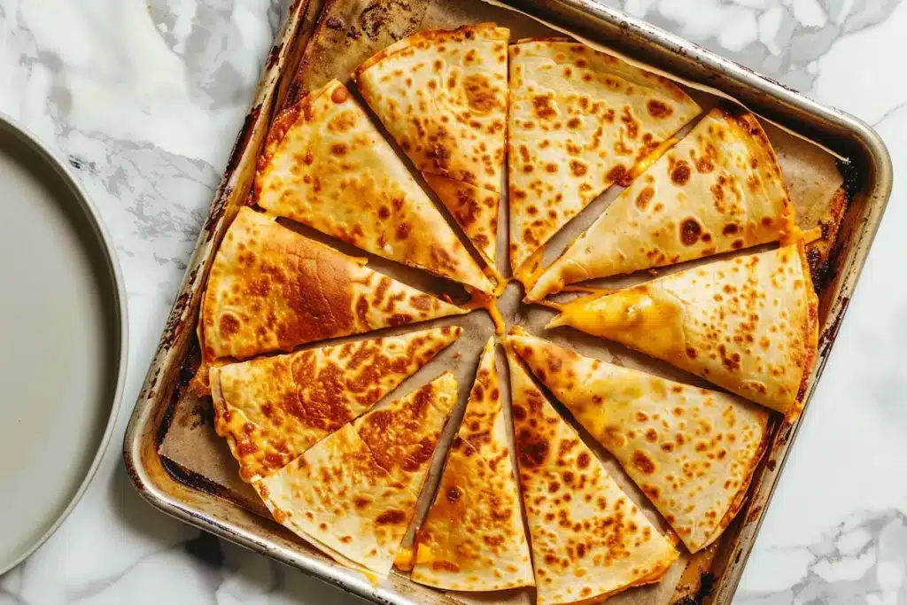 sheet pan quesadillas with ground beef and melted cheese golden brown and crispy on baking sheet showing folded tortilla edges ready to serve 8 people