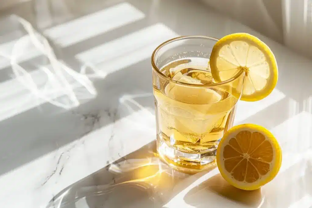clear glass of gelatin weight loss drink with lemon slice on white marble counter showing the 3 ingredient recipe for appetite suppression