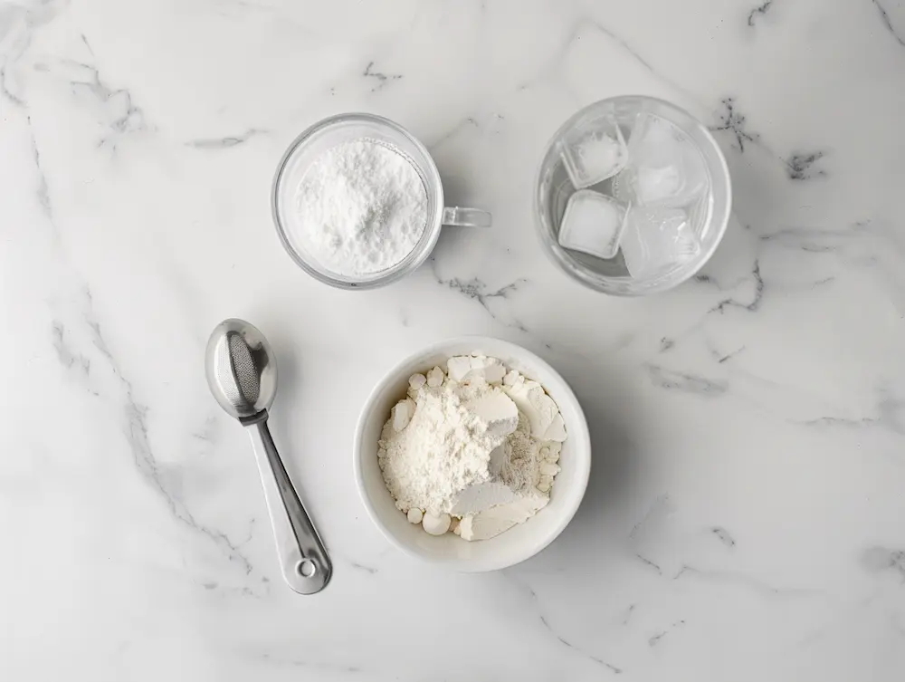 3 ingredients in the gelatin trick : unflavored gelatin powder with measuring spoon hot water and cold water
showing the 3 ingredients needed for gelatin trick recipe