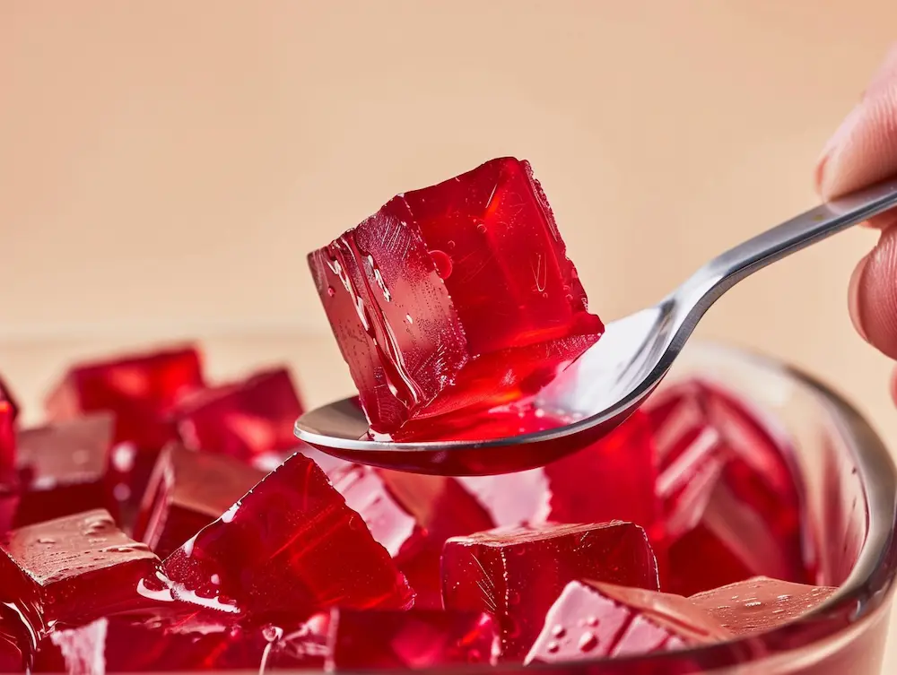 bariatric jello recipe for weight loss with measuring spoon showing single serving portion of 37 calories