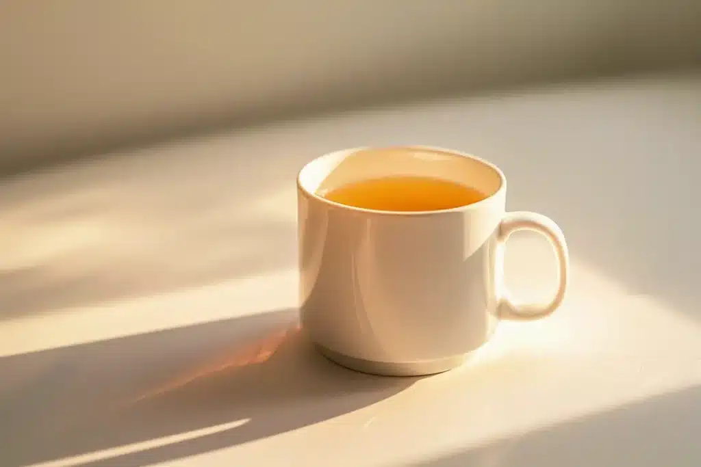 Hot Costa Rican tea for weight loss in white mug showing warm golden color for morning digestive support
