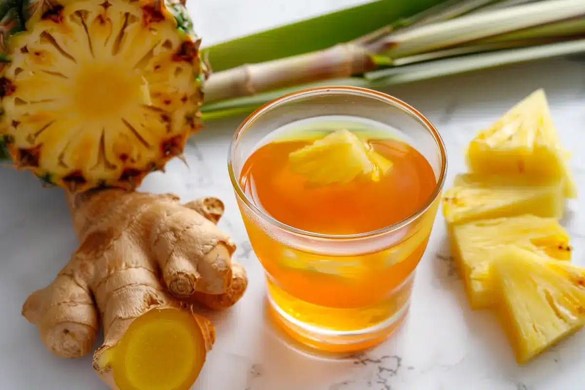 Costa Rican tea for weight loss in clear glass with fresh pineapple ginger and lemongrass on white marble