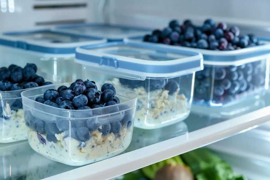 meal-prep-containers-blueberry-cottage-cheese-breakfast-bake-refrigerator-weekday-breakfast