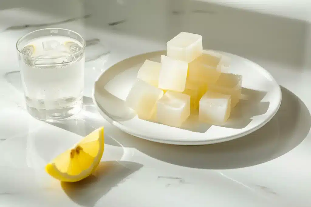 Dr Jennifer Ashton gelatin trick recipe showing translucent gelatin cubes ready to take before meals for appetite control