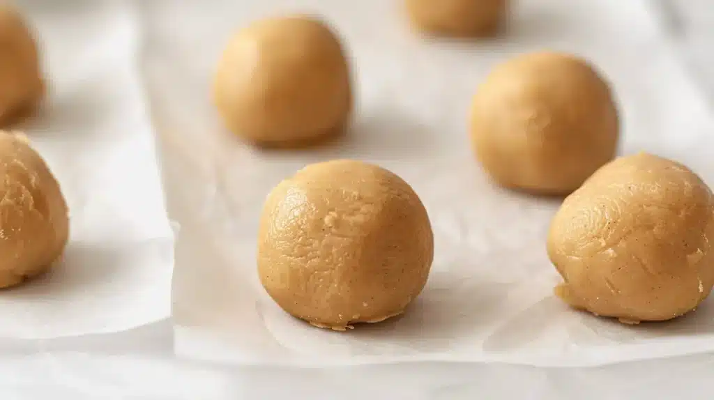 raw peanut butter cookie dough balls without eggs rolled and ready to bake showing smooth texture