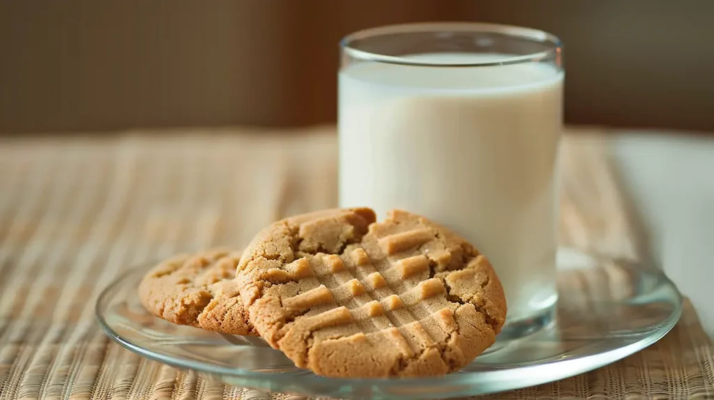 easy peanut butter cookies without eggs next to glass of milk showing classic dunking setup