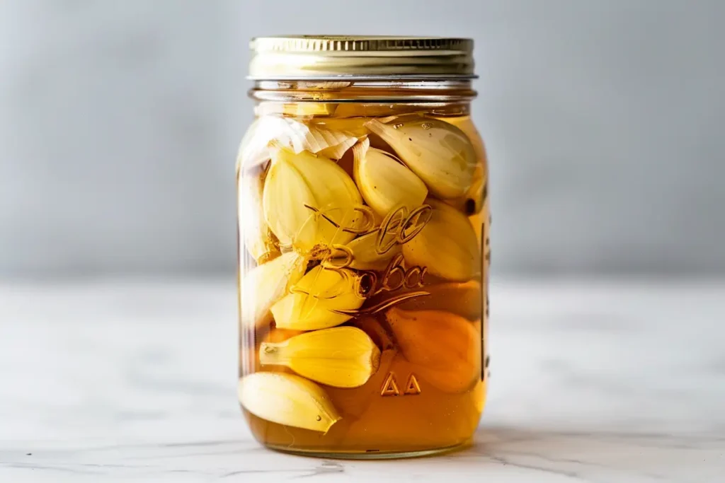 fermented garlic honey recipe glass jar raw honey garlic cloves amber liquid