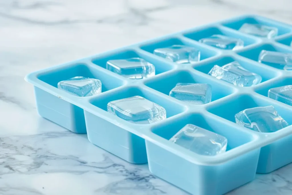 Silicone molds filled with gelatin mixture for making Dr Jennifer Ashton gelatin trick cubes for meal prep