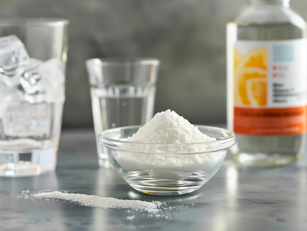 three ingredients for gelatin weight loss recipe showing unflavored gelatin powder sugar free drink mix and water glasses
