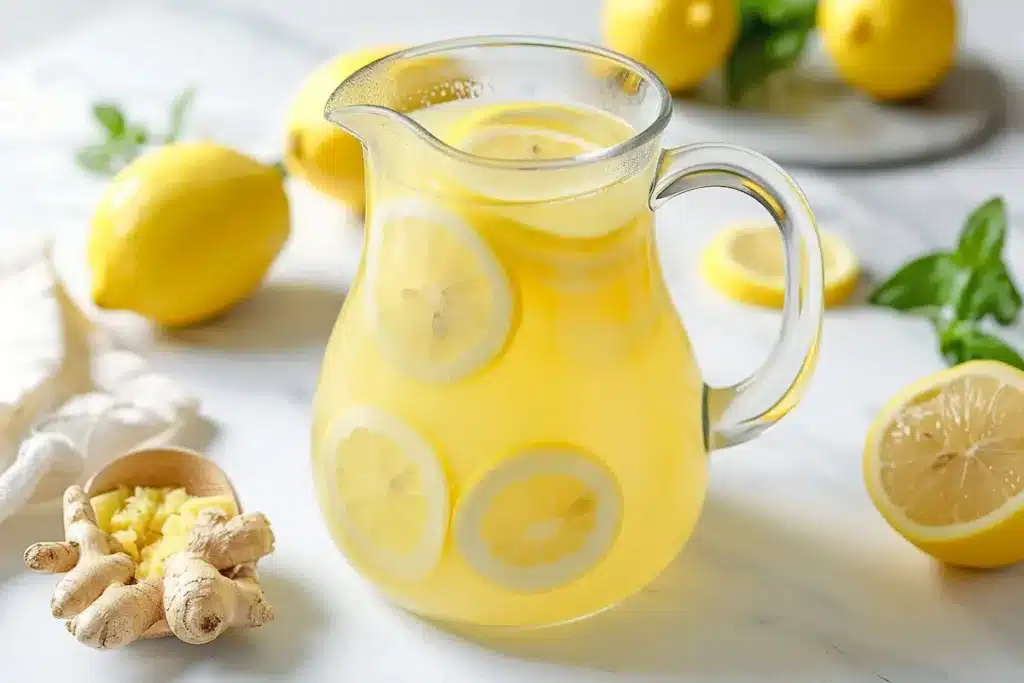 Ginger lemonade for weight loss in glass pitcher with fresh lemons for easy batch preparation
