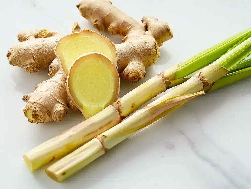 Fresh ginger root and lemongrass stalks for Costa Rican tea providing thermogenic and diuretic weight loss benefits