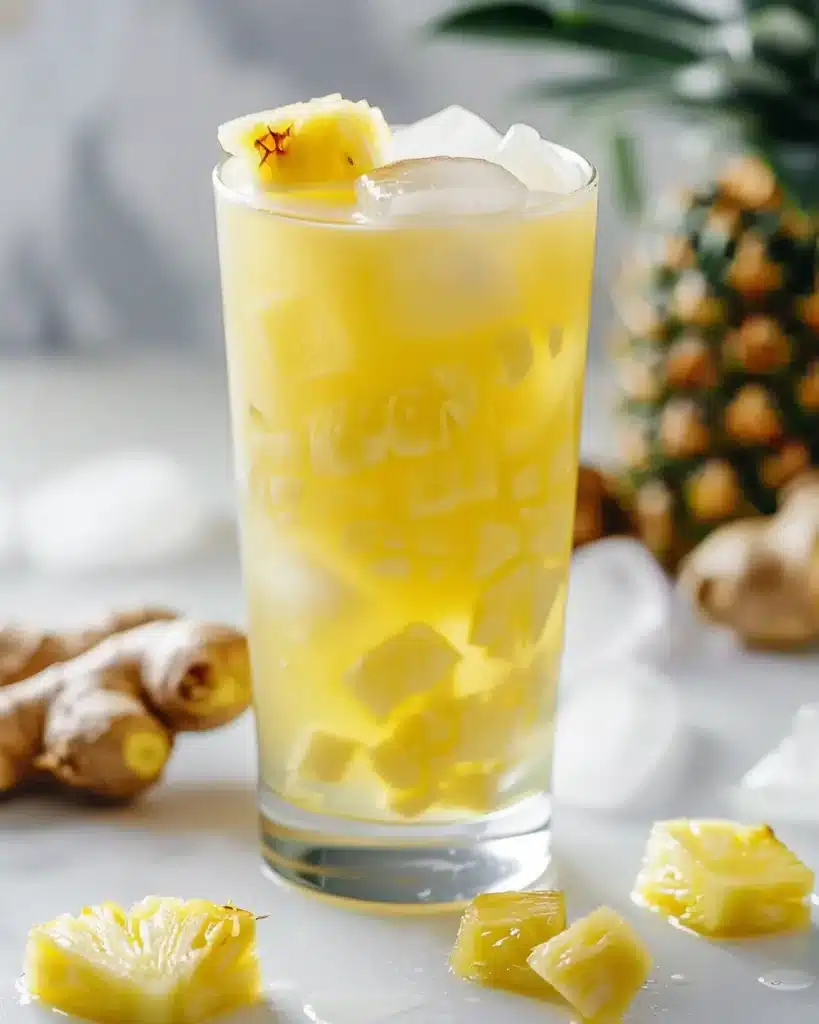 Ginger pineapple drink for weight loss in tall glass with fresh pineapple chunks and ginger root pieces