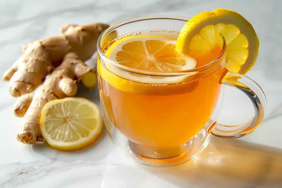 Ginger tea for weight loss in clear glass mug with fresh ginger root and lemon slice on white marble surface