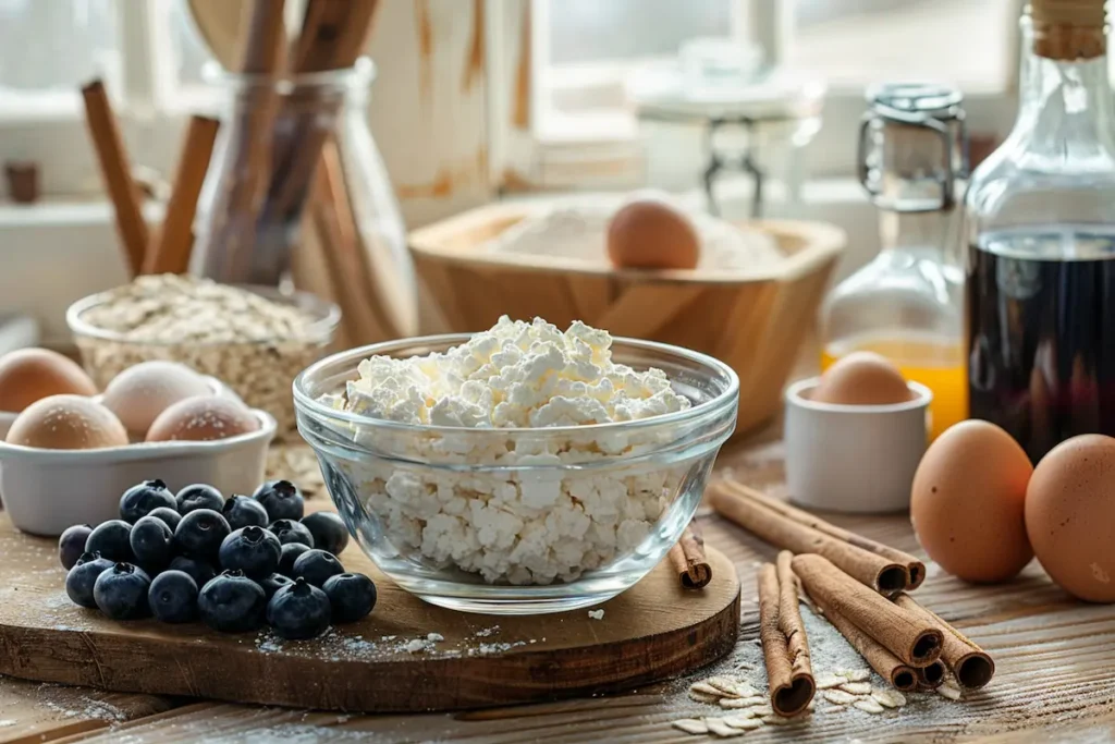cottage-cheese-eggs-blueberries-oat-flour-maple-syrup-ingredients-breakfast-bake