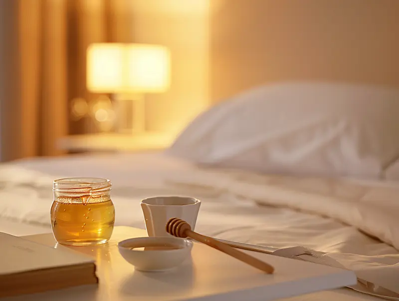 honey trick bedtime ritual nightstand with raw honey jar book and water glass