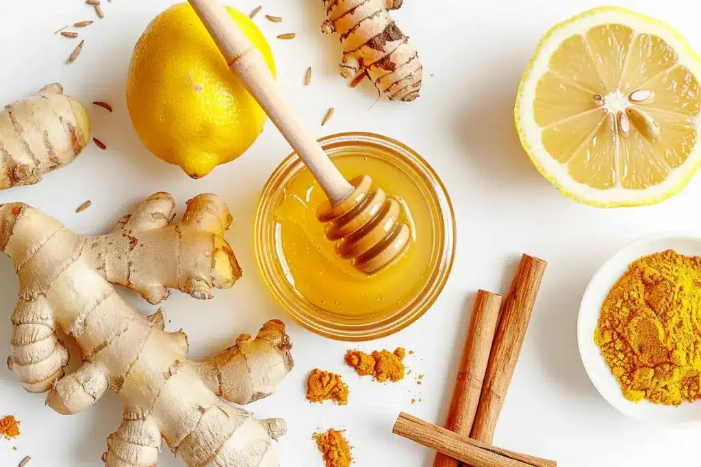 honey trick ingredients raw honey fresh ginger lemon cinnamon on white background