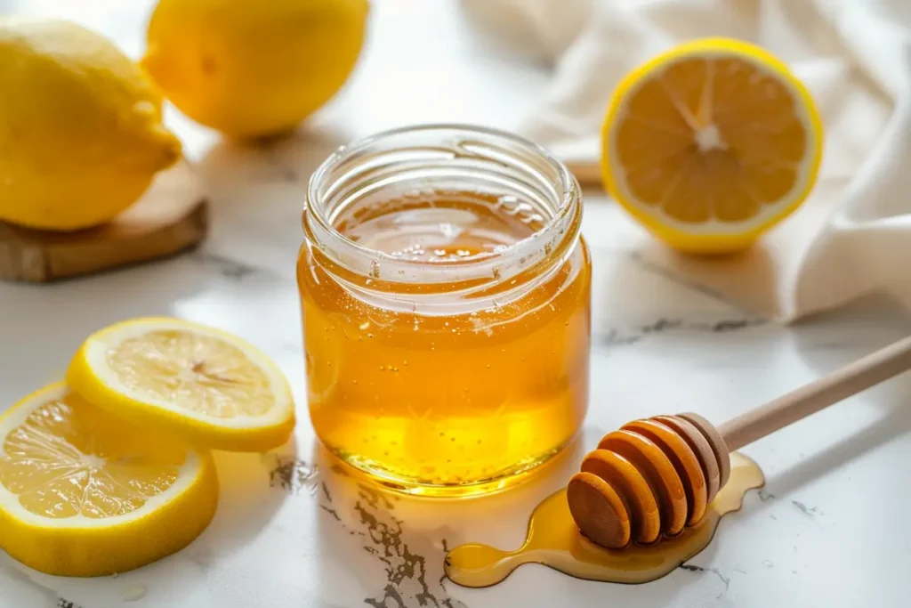 honey trick raw honey in clear glass with fresh lemon on white marble counter