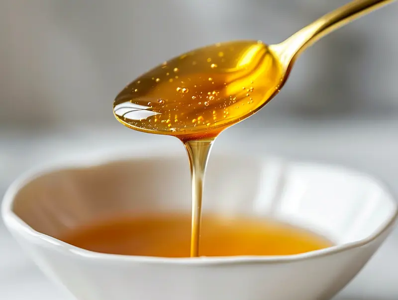 honey trick recipe one teaspoon raw honey ceramic spoon white bowl close up