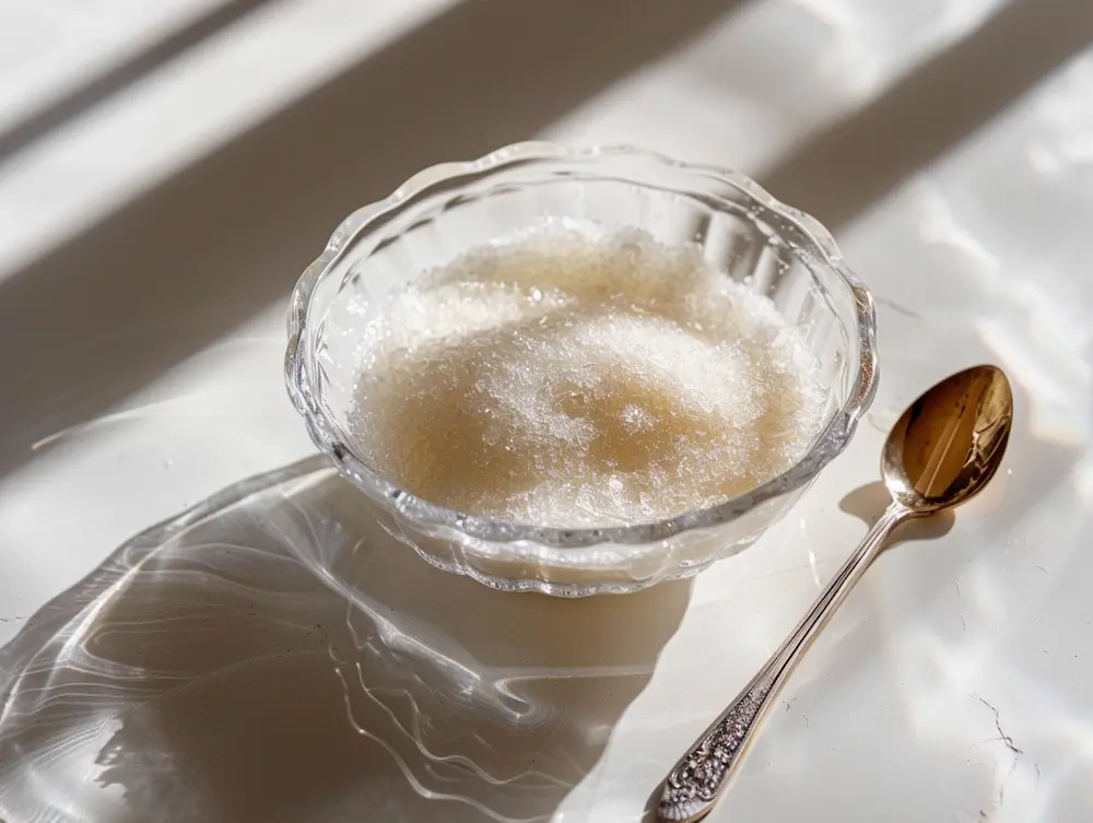 Blooming gelatin powder in cold water first step of making Dr Jennifer Ashton gelatin trick recipe
