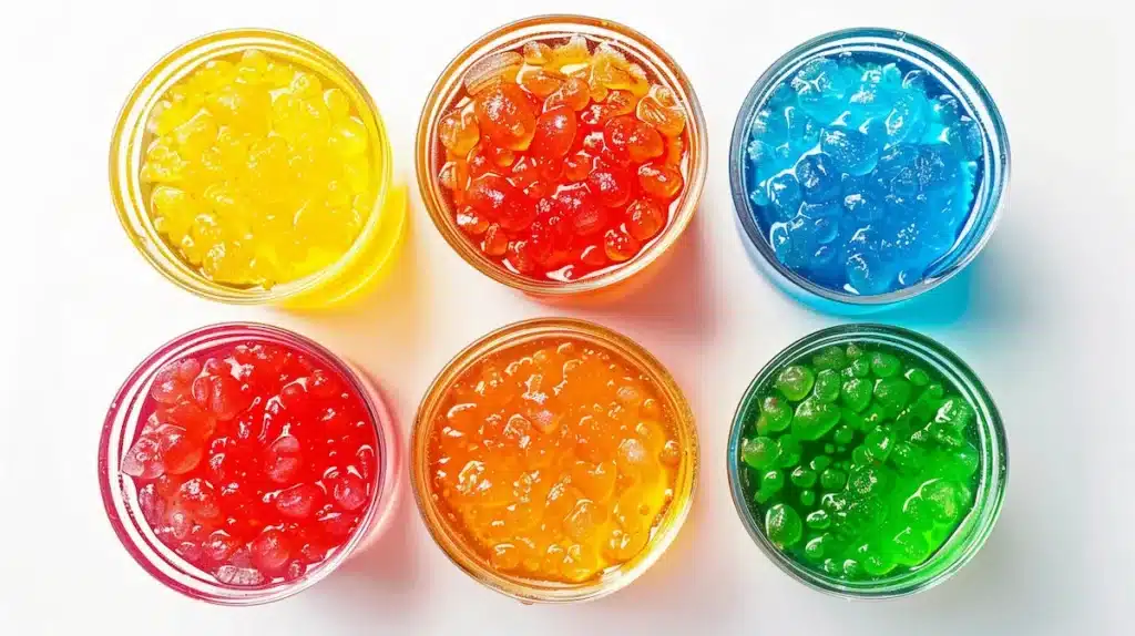 jello diet recipe for weight loss showing six different flavors in clear cups red orange yellow green blue purple