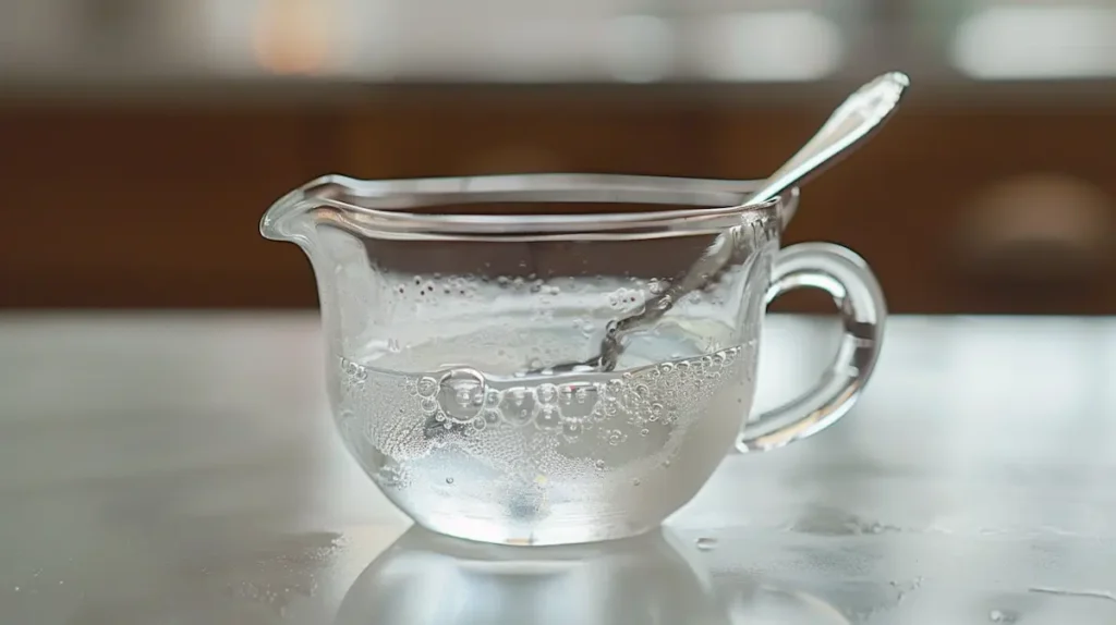Mixing hot water into gelatin for Jennifer Ashton gelatin trick recipe showing clear dissolved mixture