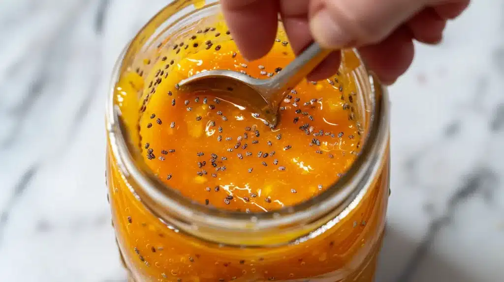 making-chia-jello-recipe-stirring-chia-seeds-juice