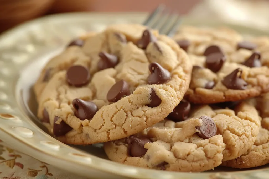 peanut butter chocolate chip cookies made without eggs showing melted chocolate chips and fork pattern