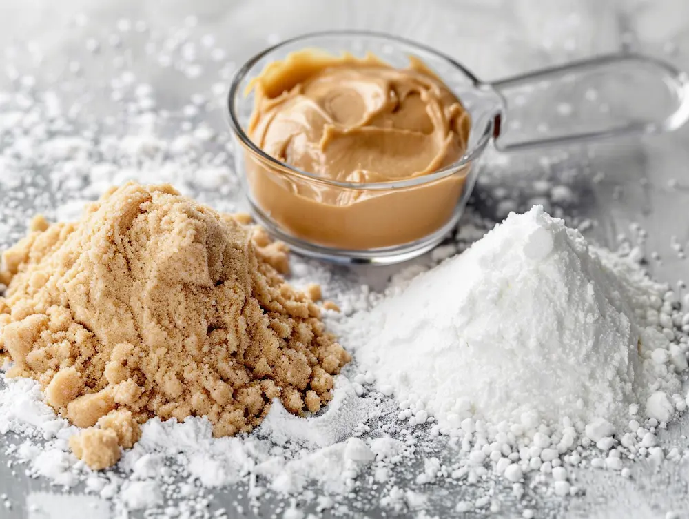 3 ingredients for peanut butter cookies without eggs showing creamy peanut butter white sugar and flour