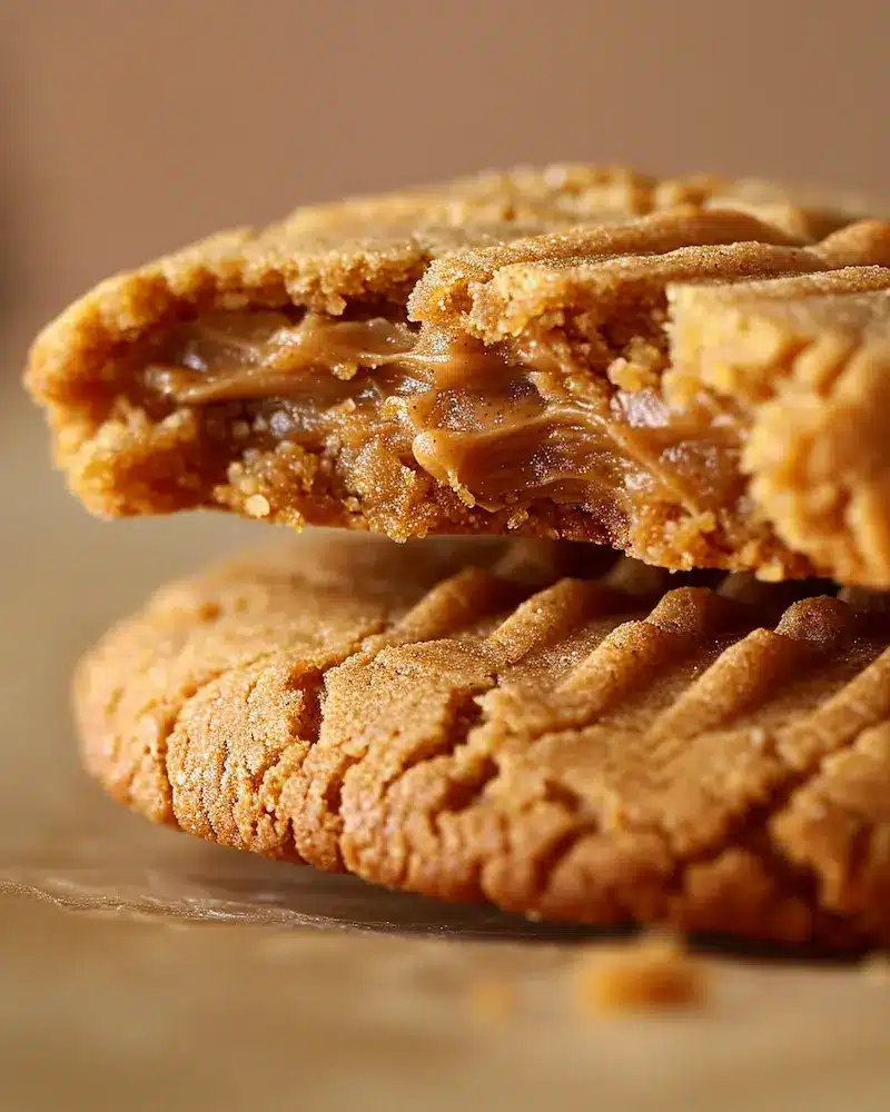 single peanut butter cookie without eggs broken in half showing soft fudgy interior and crispy edges