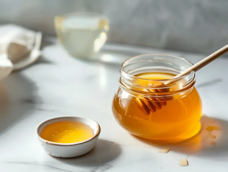 raw honey storage ceramic spoon glass jar proper storage white marble counter