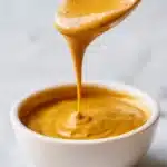 3 ingredient honey mustard sauce in white bowl close-up zoomed in