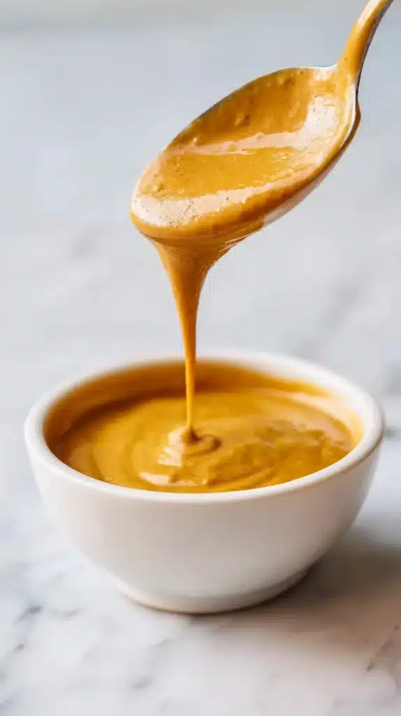 3 ingredient honey mustard sauce in white bowl close-up zoomed in