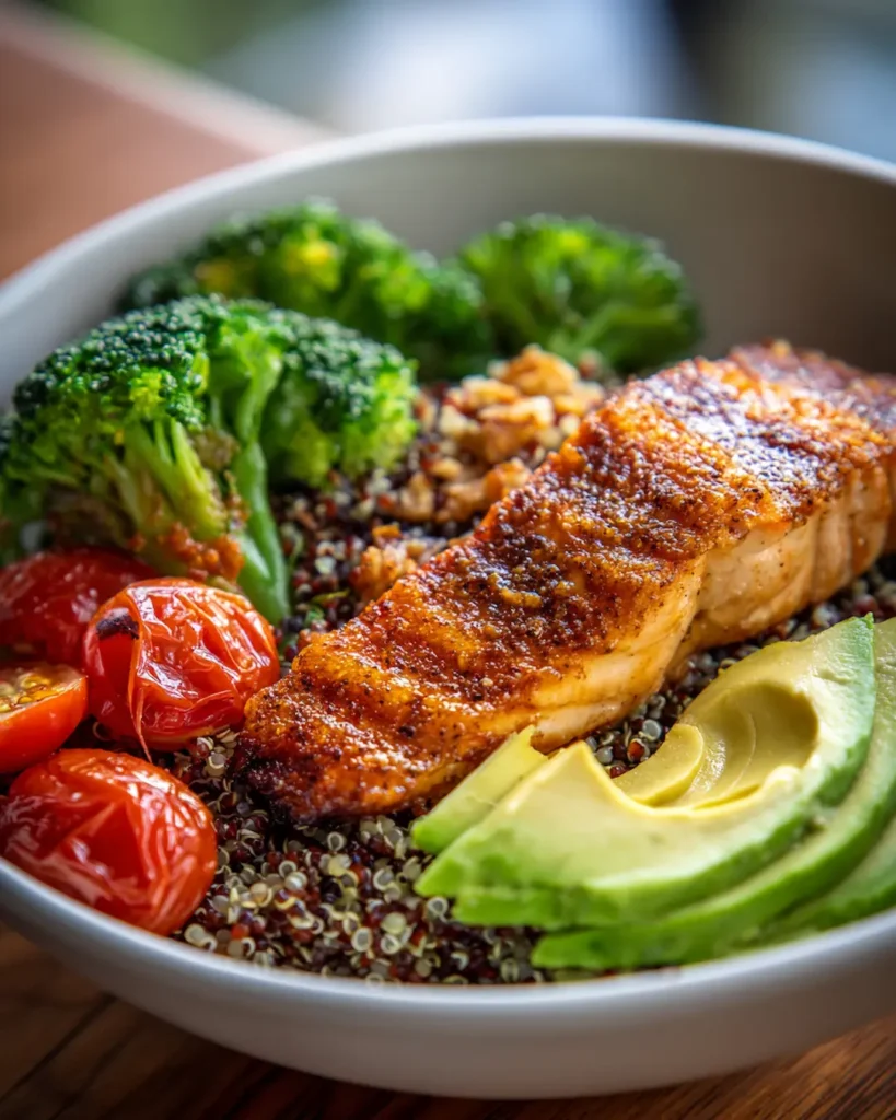 7 day 90 30 50 meal plan high protein bowl with salmon quinoa and avocado