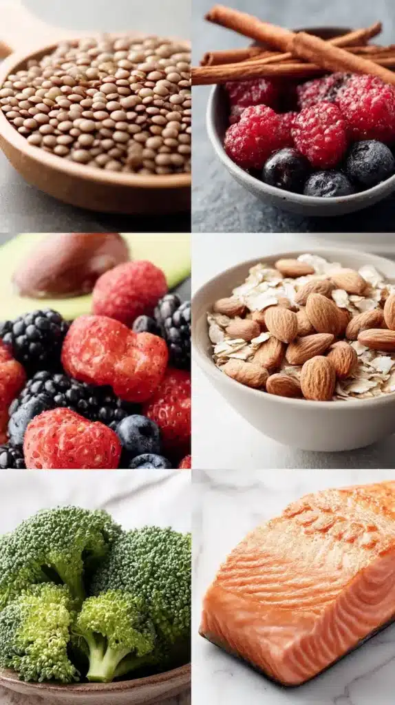 foods to lower blood sugar hero shot featuring lentils avocado berries oats almonds broccoli cinnamon and salmon