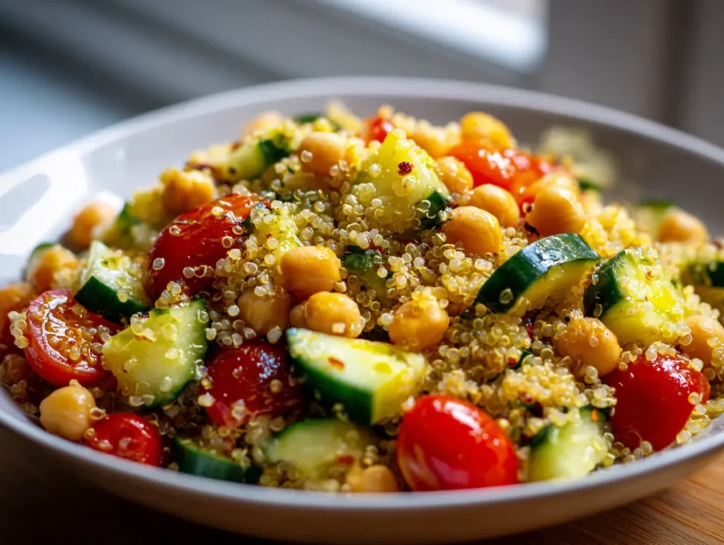 90-30-50-meal-plan-high-fiber-lunch-quinoa-chickpea-salad 90 30 50 meal plan high fiber lunch quinoa chickpea salad with cucumber tomato olive oil