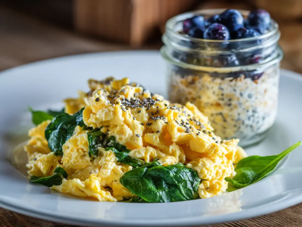 90-30-50-meal-plan-high-protein-breakfast-eggs-oats 90 30 50 meal plan breakfast scrambled eggs with spinach and oats high protein high fiber