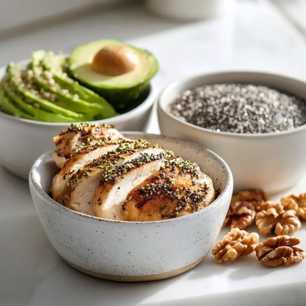 90-30-50-meal-plan-macro-targets-protein-fiber-fat 90 30 50 meal plan daily macro targets protein fiber healthy fat foods on counter