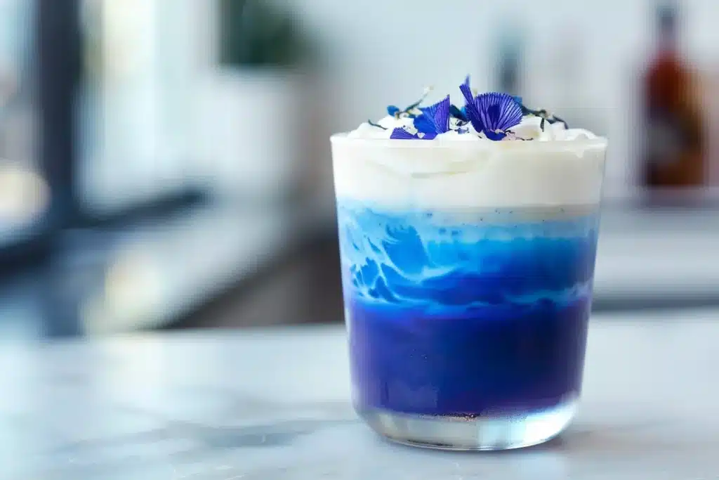 Butterfly pea latte with creamy milk creating beautiful blue gradient layers