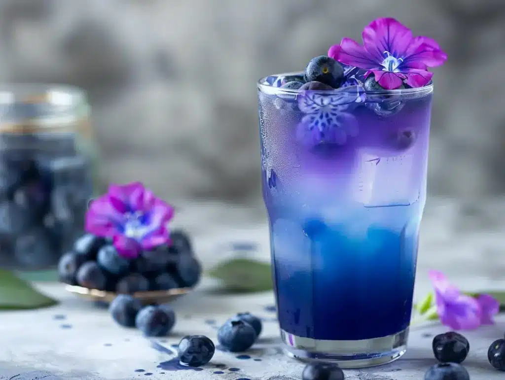 Butterfly pea tea in glass with fresh blueberries, vibrant blue herbal drink