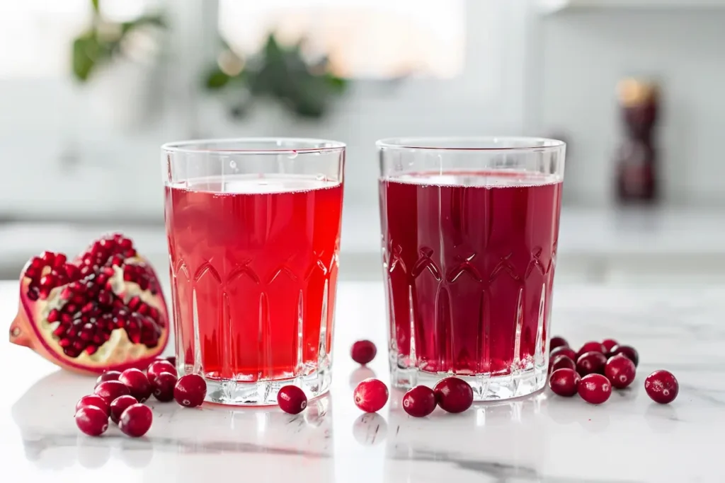 dr-oz-pink-gelatin-recipe-cranberry-pomegranate-juice unsweetened cranberry juice and pomegranate juice in two glasses for dr oz pink gelatin recipe pink color