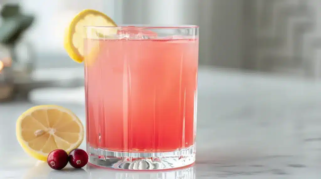 dr oz pink gelatin recipe served in a clear glass on a white marble kitchen counter